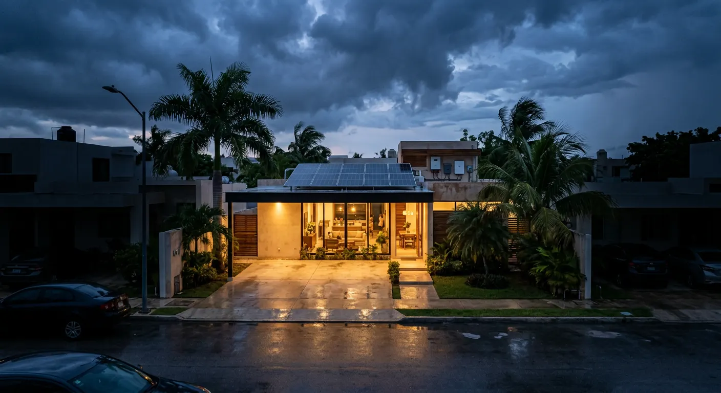 Casa con paneles solares iluminada durante un apagón mientras las casas vecinas están a oscuras