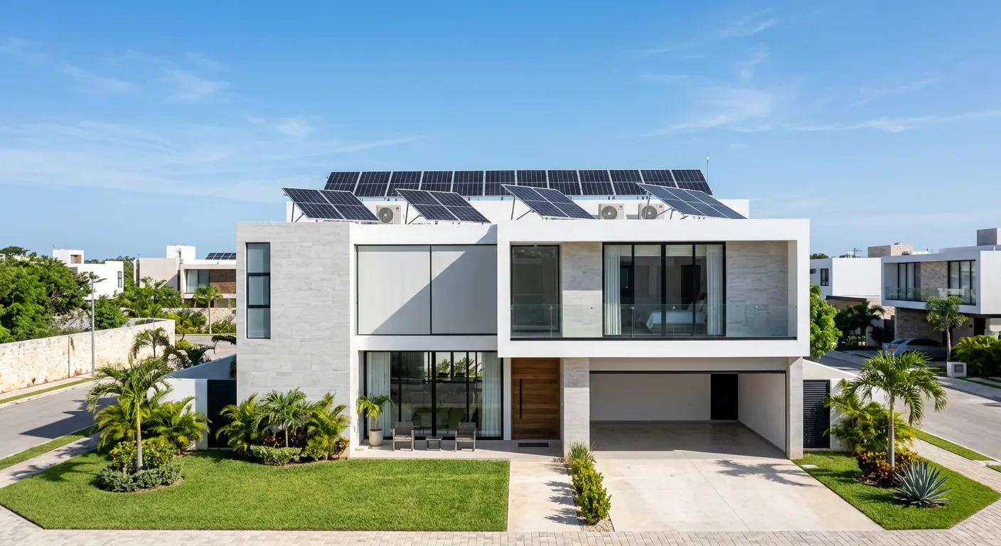 Casa de dos pisos en un fraccionamiento del norte de Mérida con paneles solares