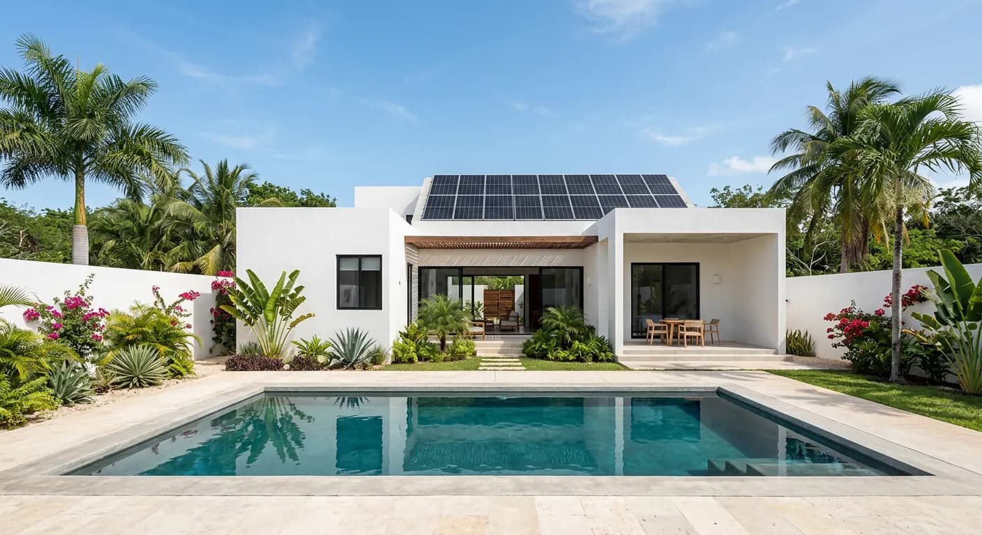 Casa moderna con alberca en Mérida con paneles solares en el techo